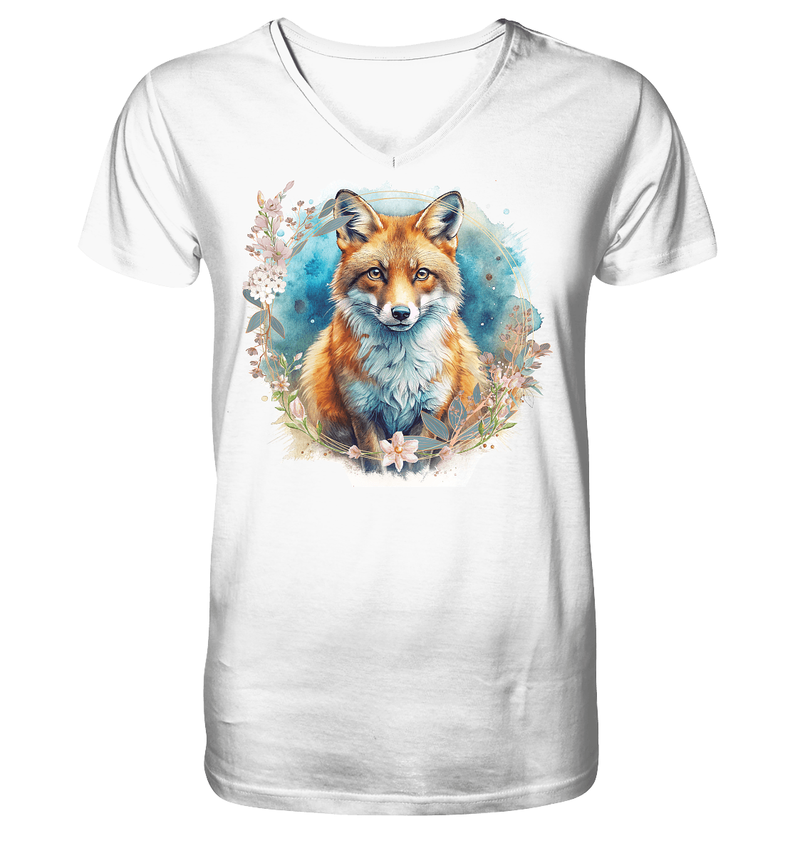 Flower Fox - Mens Organic V-Neck Shirt - ArtfulShenwyn