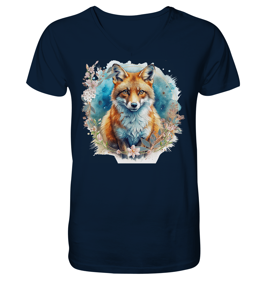 Flower Fox - Mens Organic V-Neck Shirt - ArtfulShenwyn