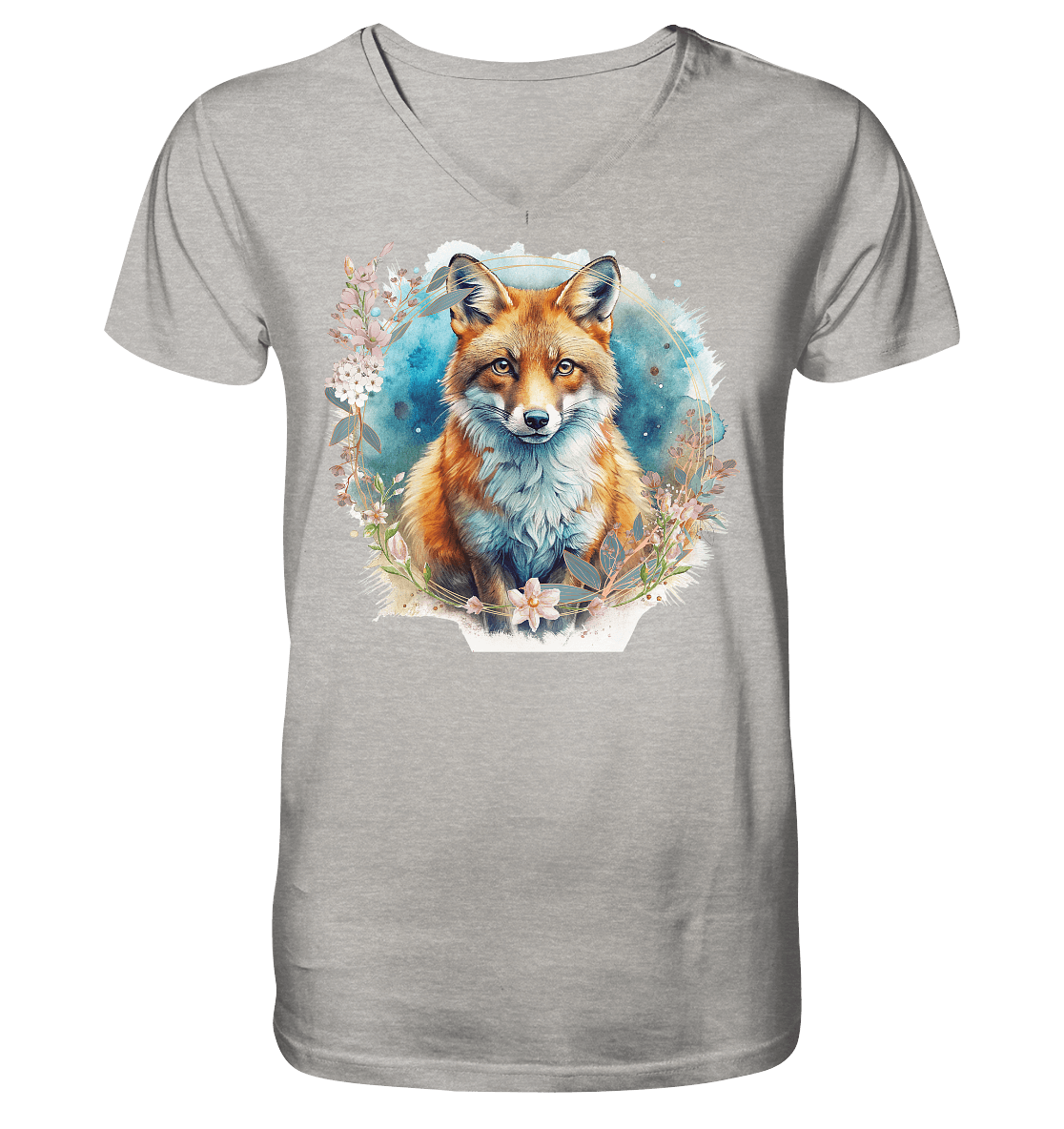 Flower Fox - Mens Organic V-Neck Shirt - ArtfulShenwyn